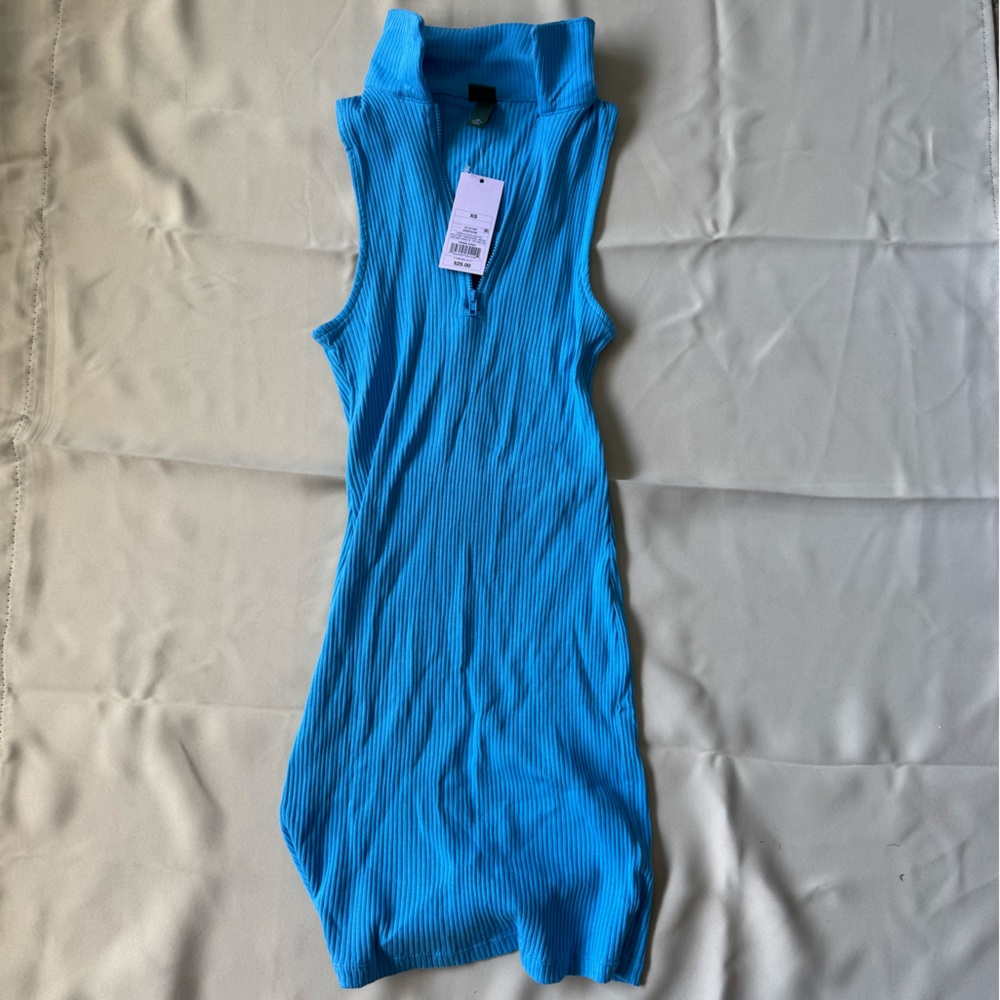 Blue Sleeveless Ribbed Mini Dress